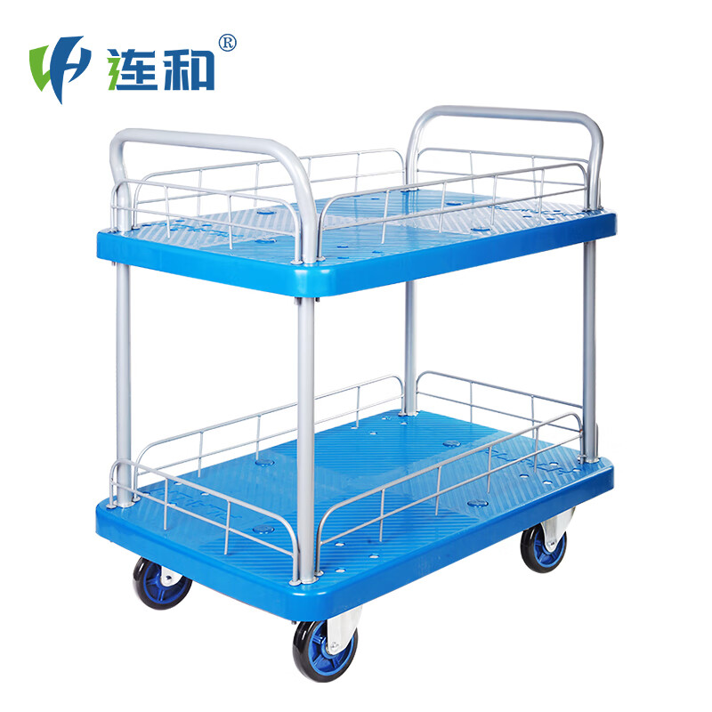 Uni-silent/连和 微静轮二层带护栏手推车，双扶手 带刹车架730X490mm 150kg，PLA150WS-T2-HL2-D